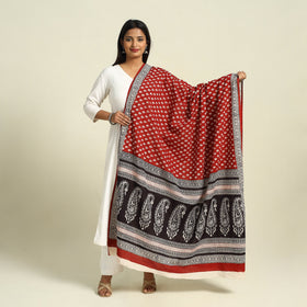 Red  Natural Dye Mul Cotton Bagh Print Dupatta