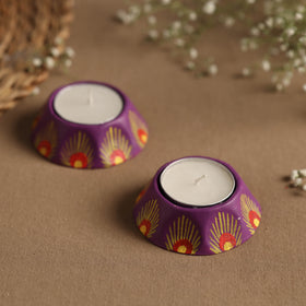  Hexagon - Handpainted Clay Candle Holders (Set of 2) Online in India l iTokri.com 