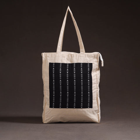 Black - handcrafted jacquard patch canvas cotton shoulder