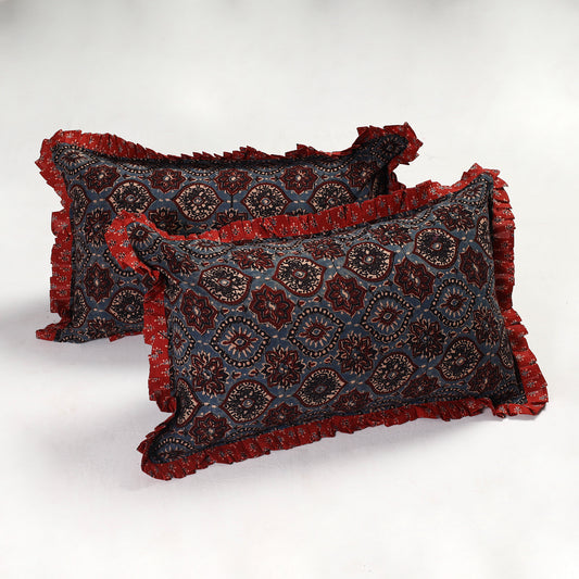 Set of 2 - Ajrakh Block Printed Cotton Frill Pillow Covers (30 x 21 in)