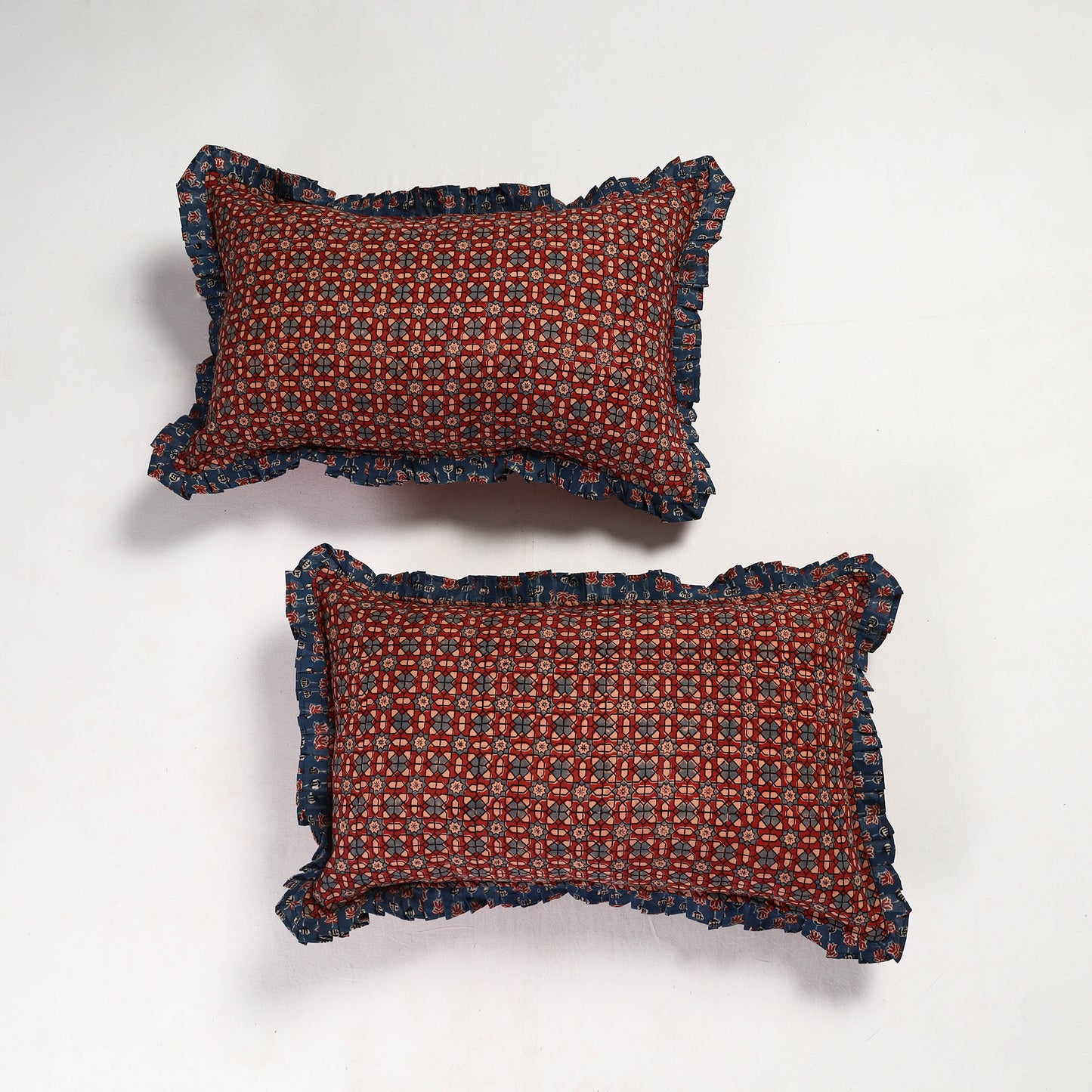 Set of 2 - Ajrakh Block Printed Cotton Frill Pillow Covers (30 x 21 in)