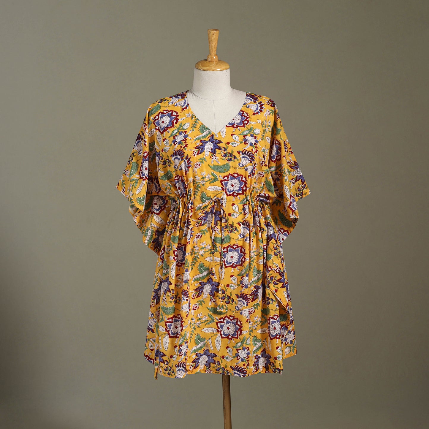 Yellow Sanganeri Block Print Cotton Kaftan (Medium) 