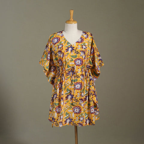 Yellow Sanganeri Block Print Cotton Kaftan (Medium) 