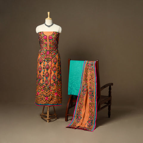 Orange - 3pc hand embroidery chanderi silk unstitched