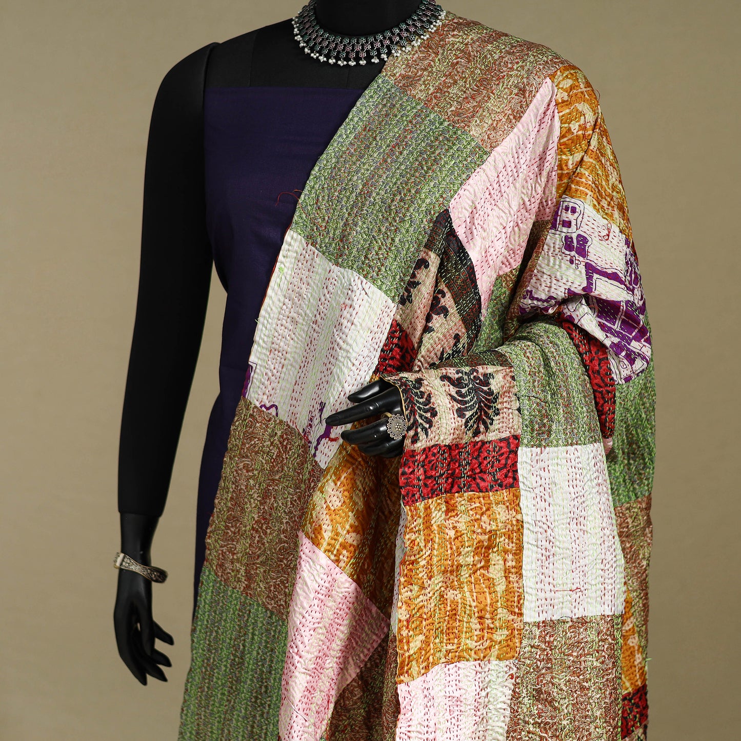 Multicolor - patchwork reversible silk bengal kantha work