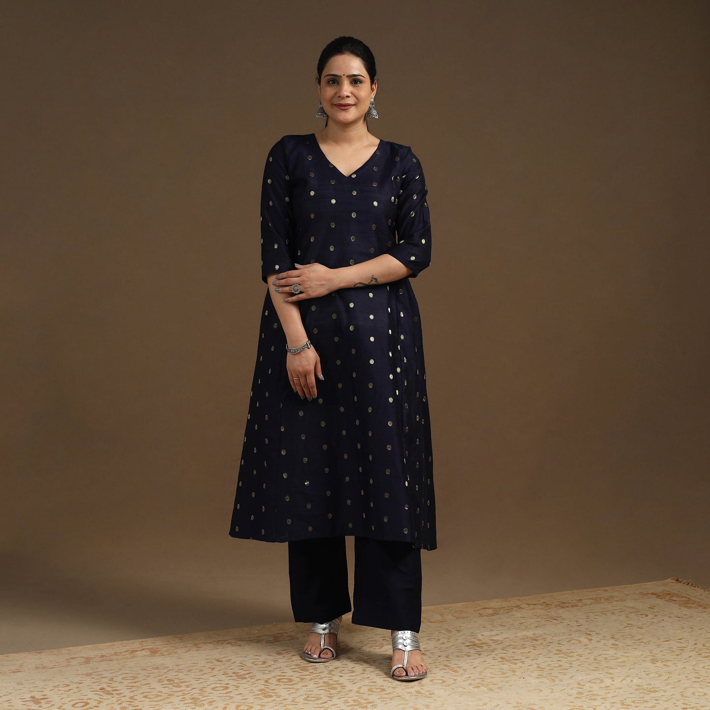 Blue Zari Buti Spun Dupion Silk Kurta Set for Women
