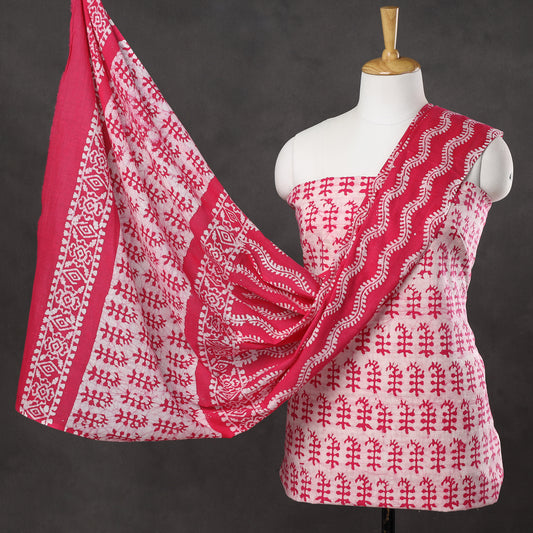 Pink - 3pc Kutch Batik Printed Cotton Suit Material Set 04
