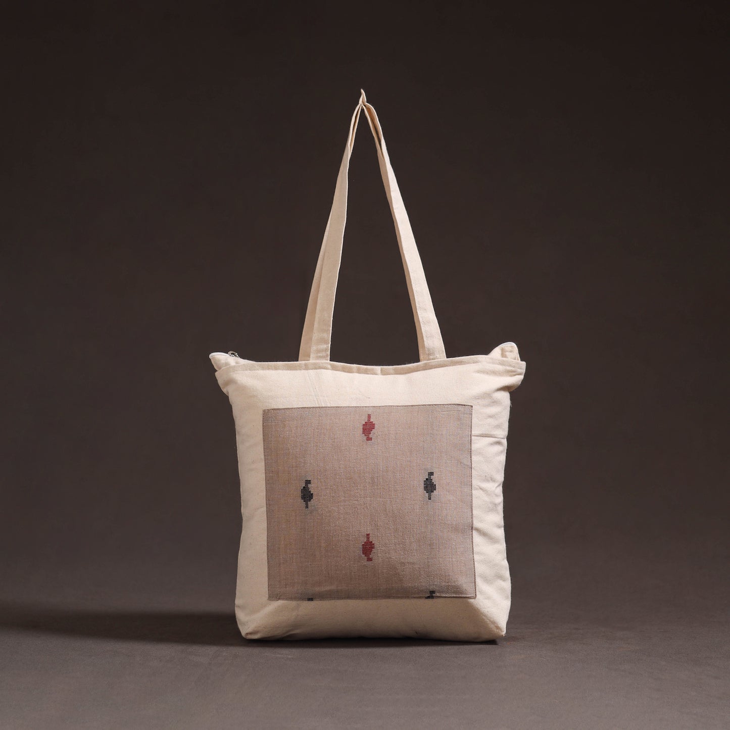 Beige - handcrafted jacquard patch canvas cotton shoulder