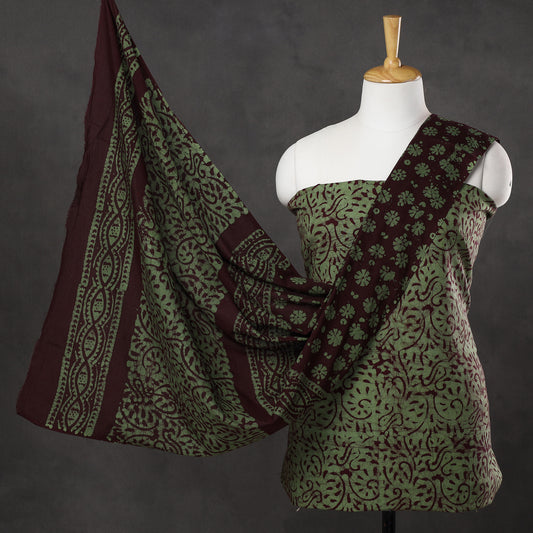 Green - 3pc Kutch Batik Printed Cotton Suit Material Set 05