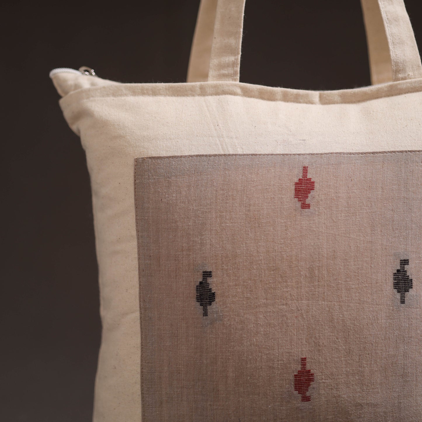 Beige - handcrafted jacquard patch canvas cotton shoulder