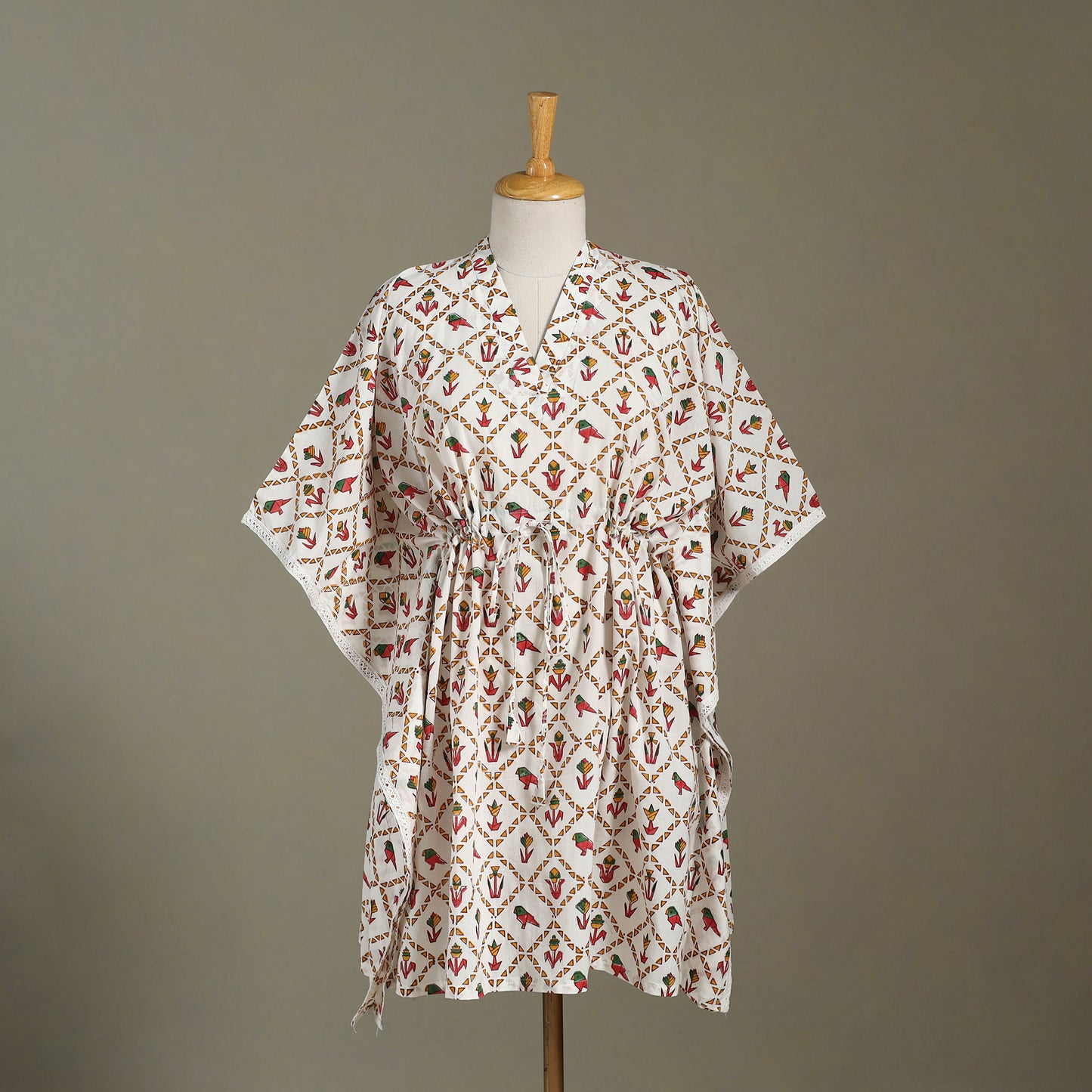 White Sanganeri Block Print Cotton Kaftan (Medium) 