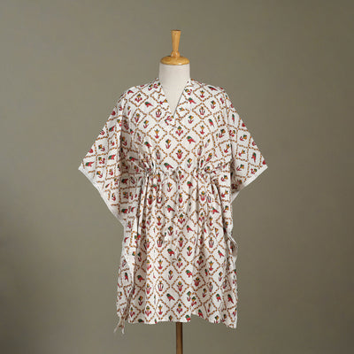 White Sanganeri Block Print Cotton Kaftan (Medium) 