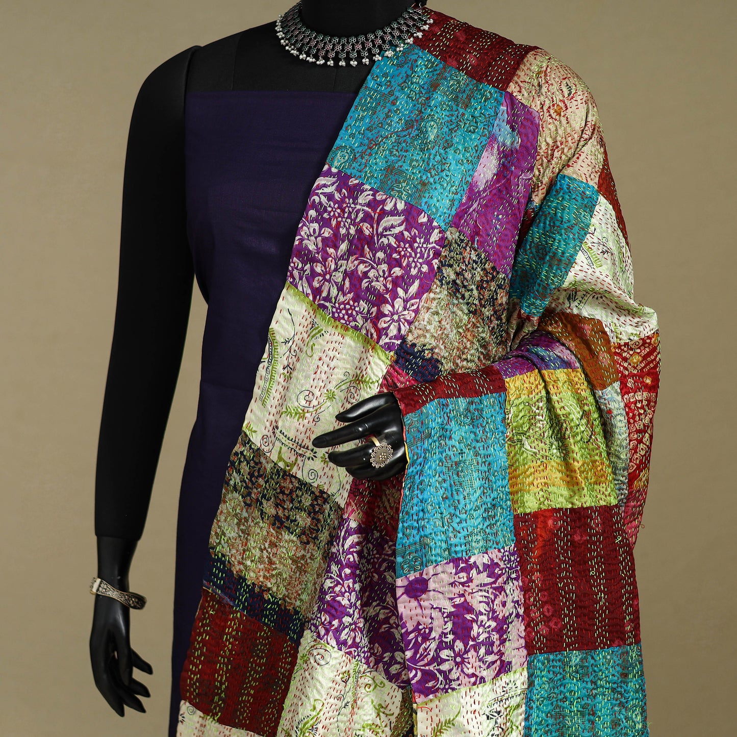 Multicolor - patchwork reversible silk bengal kantha work