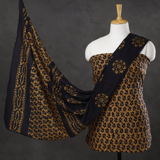 Brown - 3pc Kutch Batik Printed Cotton Suit Material Set 11