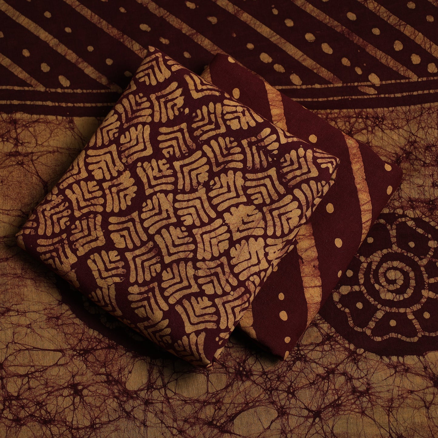 Brown - 3pc Kutch Batik Printed Cotton Suit Material Set 10