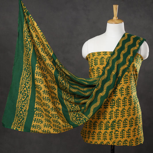 Yellow - 3pc Kutch Batik Printed Cotton Suit Material Set 15
