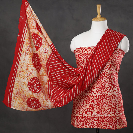 Red - 3pc Kutch Batik Printed Cotton Suit Material Set 17