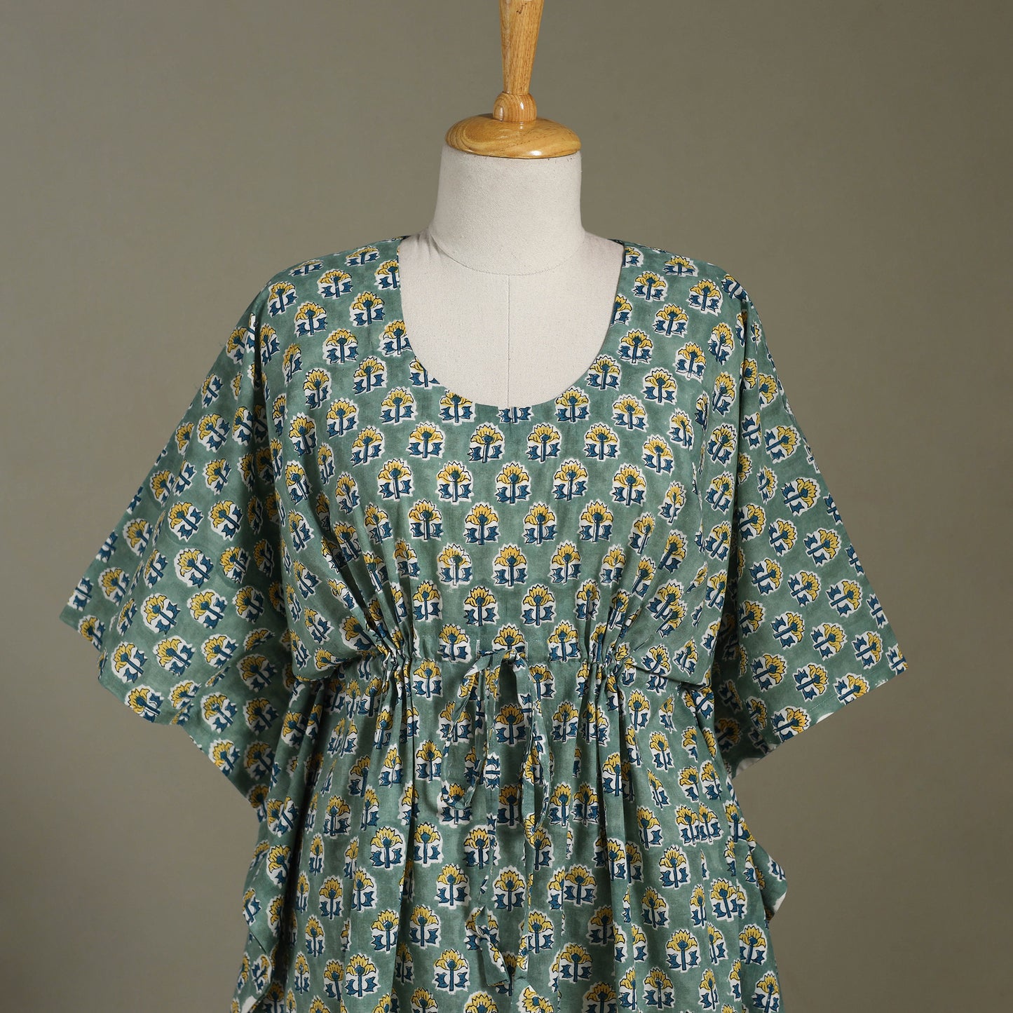 Green Sanganeri Block Print Cotton Kaftan (Medium) 