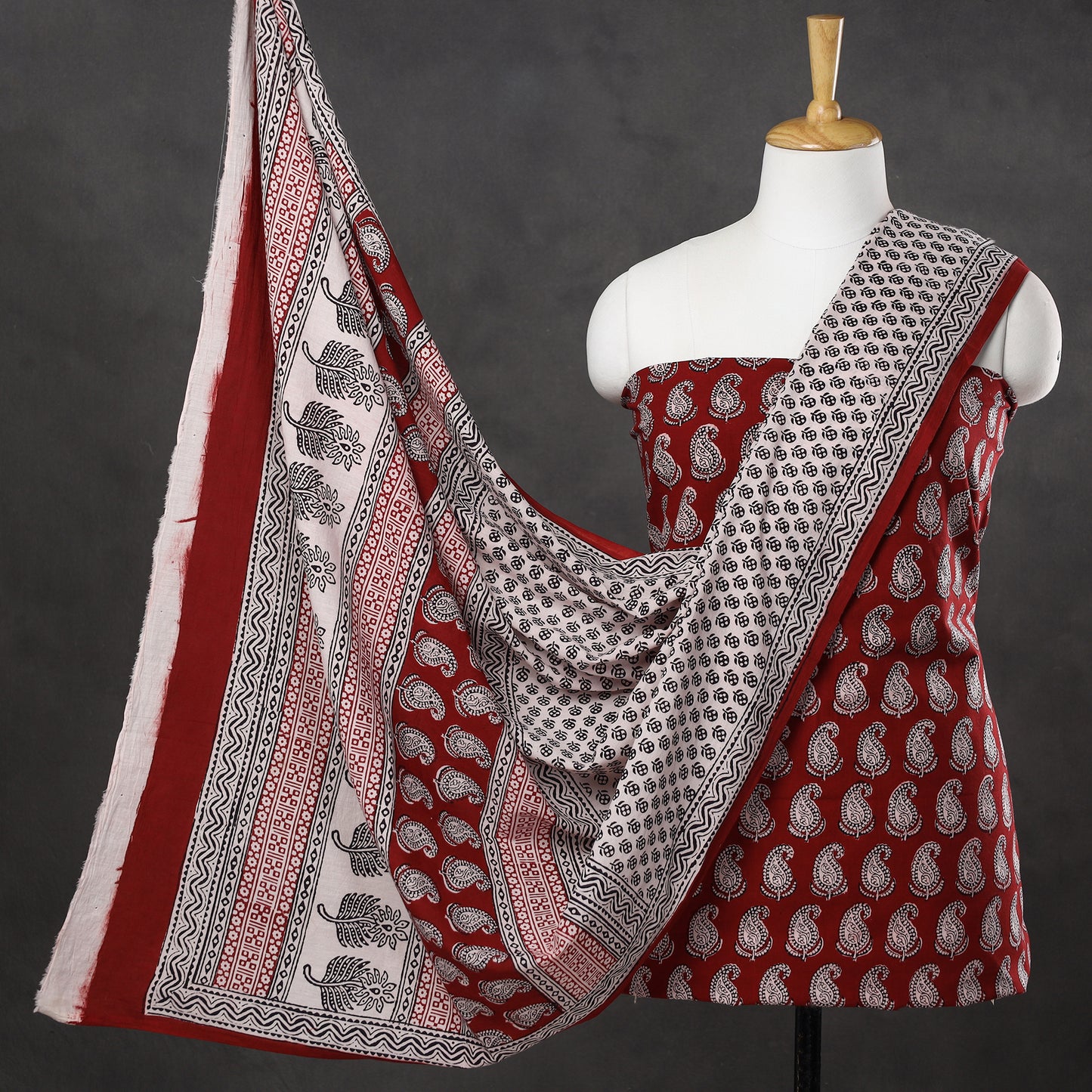 Red - 3pc Bagh Block Printed Natural Dyed Cotton Suit Material Set 15