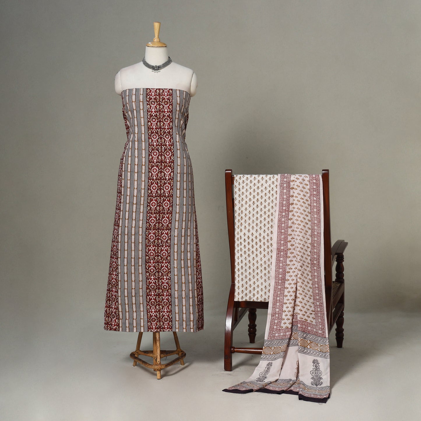 Beige - 3pc cotton unstitched bagh dress material 12