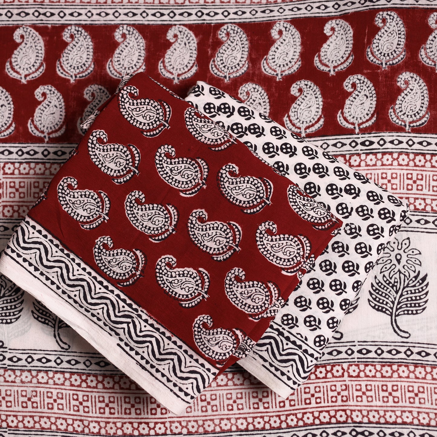 Red - 3pc Bagh Block Printed Natural Dyed Cotton Suit Material Set 15