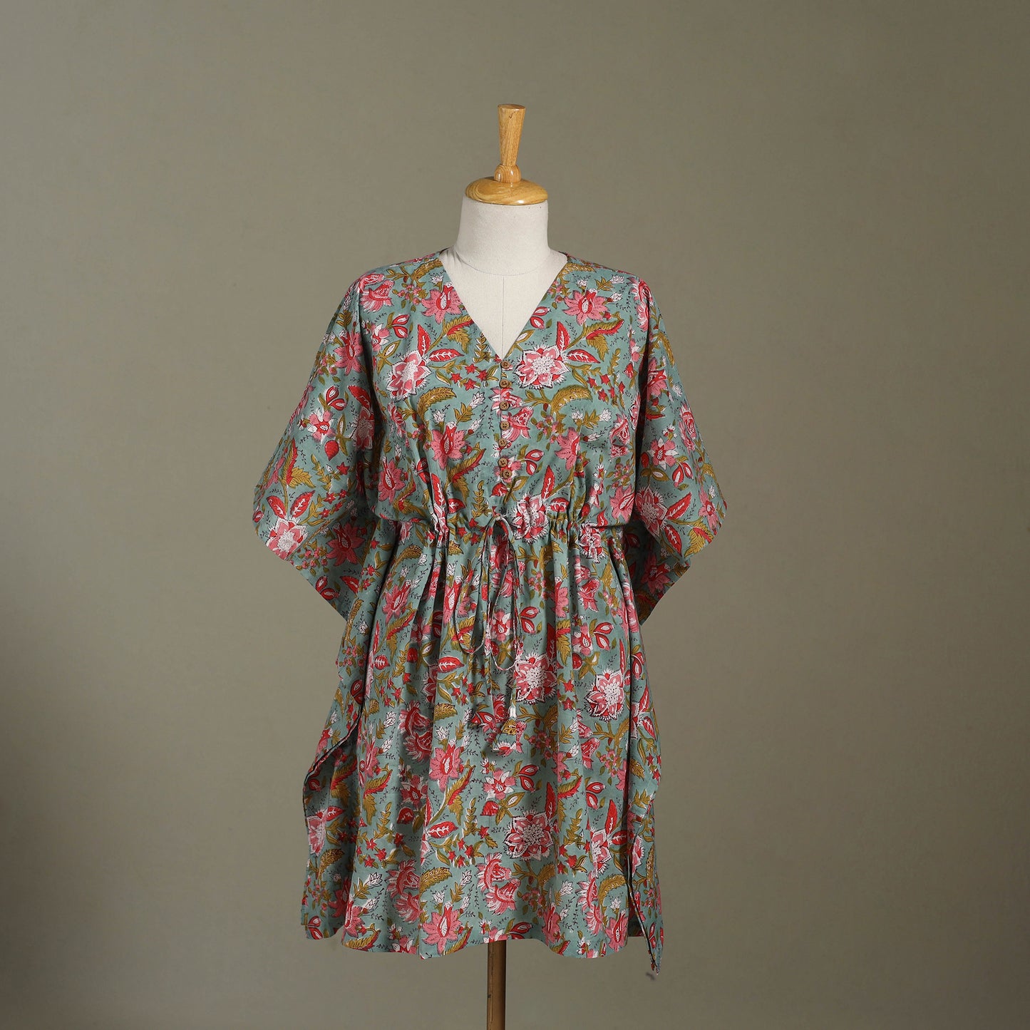 Green Sanganeri Block Print Cotton Kaftan (Medium) 