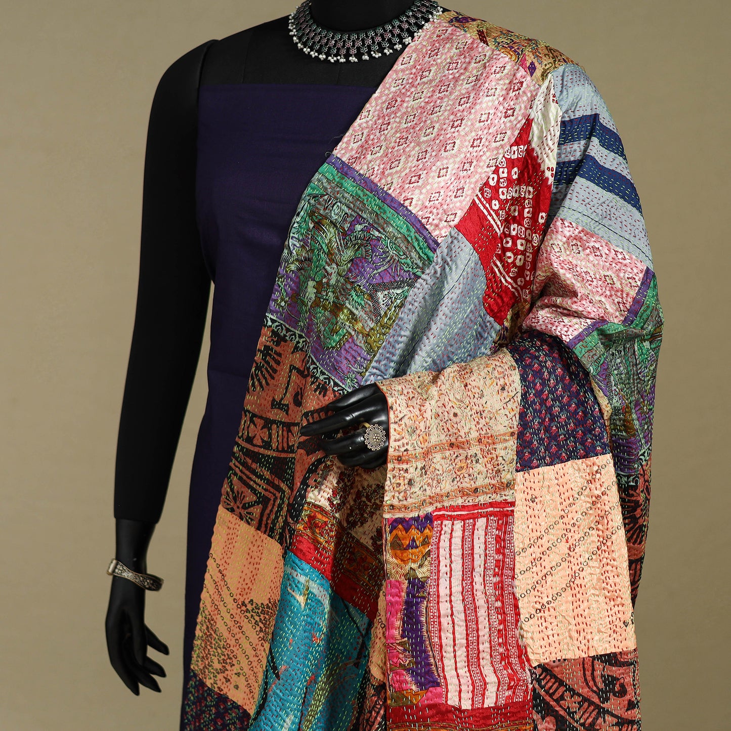Multicolor - patchwork reversible silk bengal kantha work