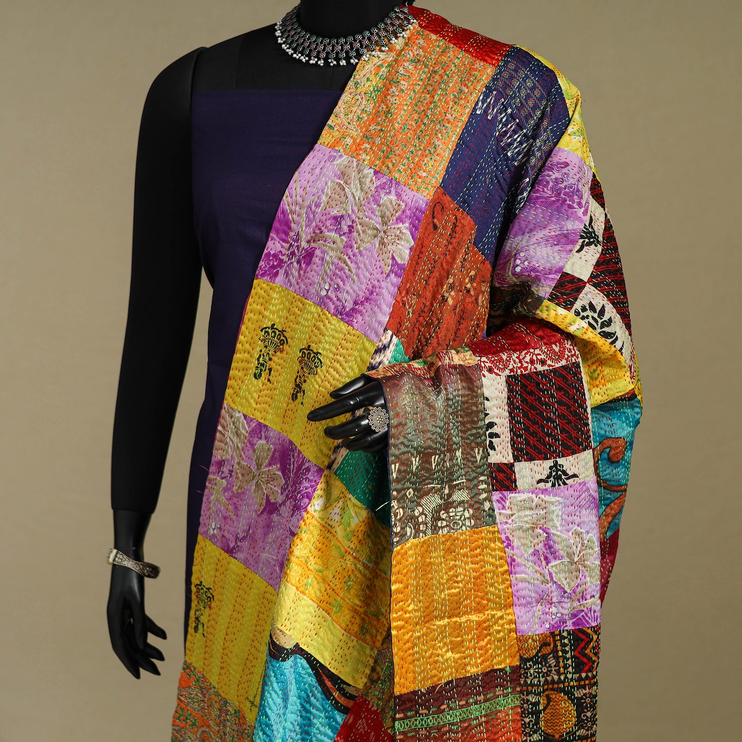 Multicolor - patchwork reversible silk bengal kantha work