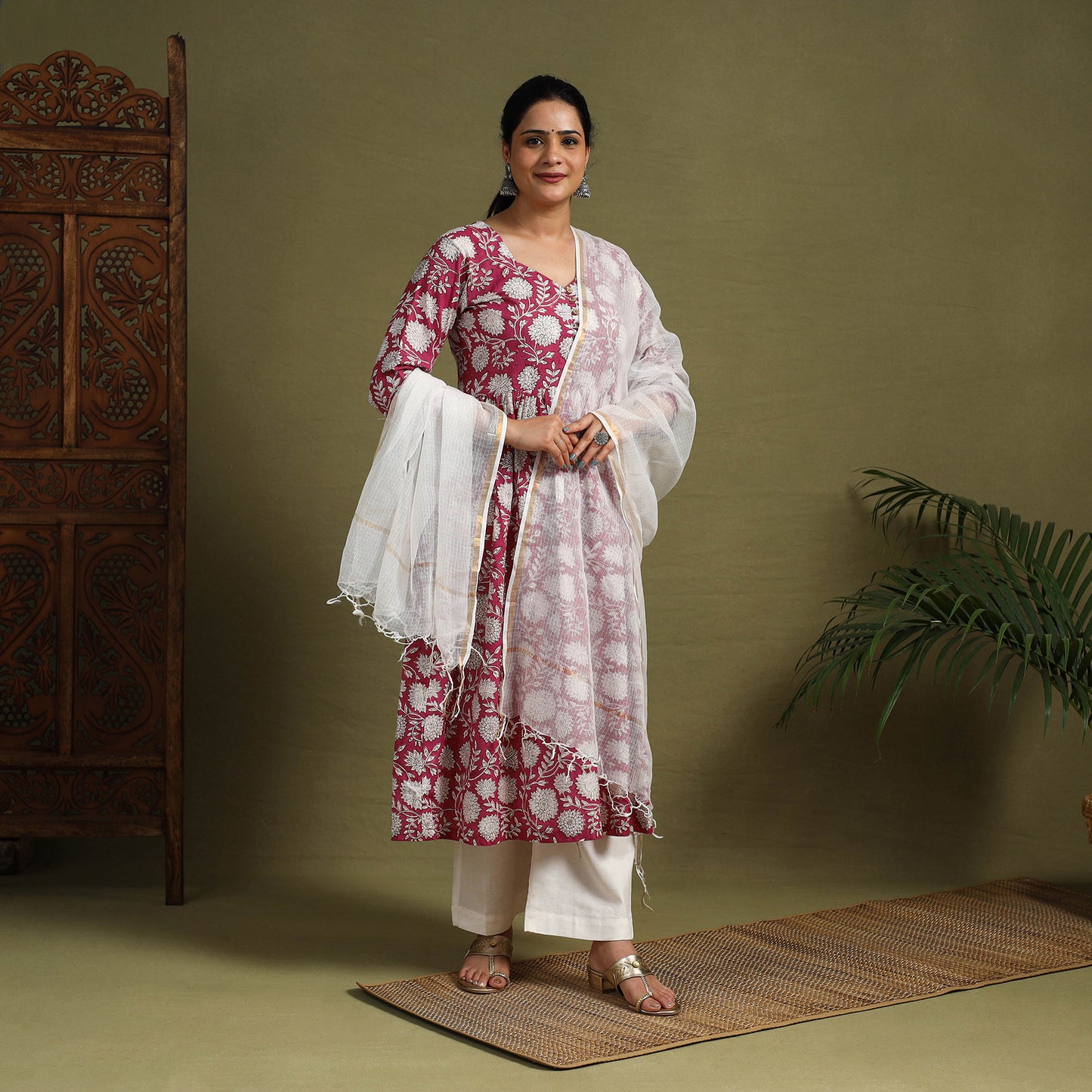 Pink Block Print Cotton Sanganeri Kurta Set (Set of 3)