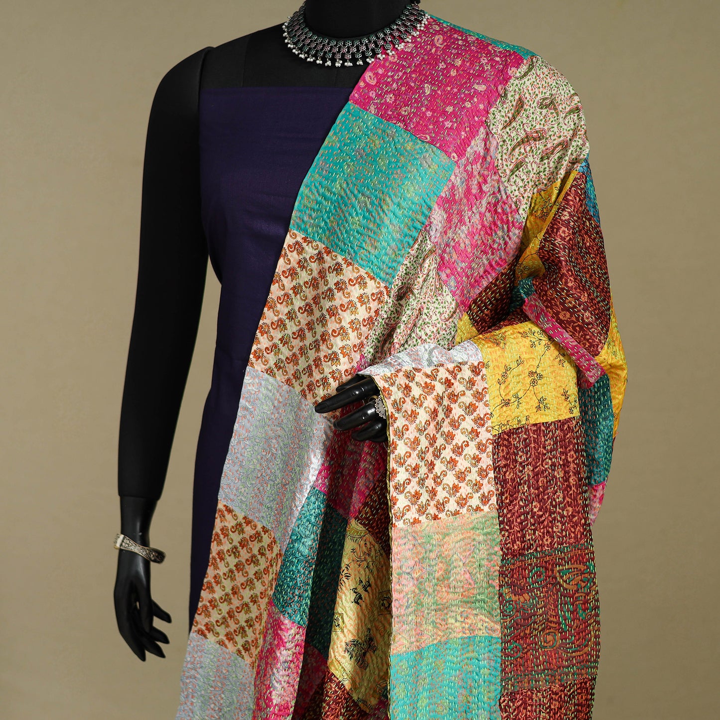 Multicolor - patchwork reversible silk bengal kantha work