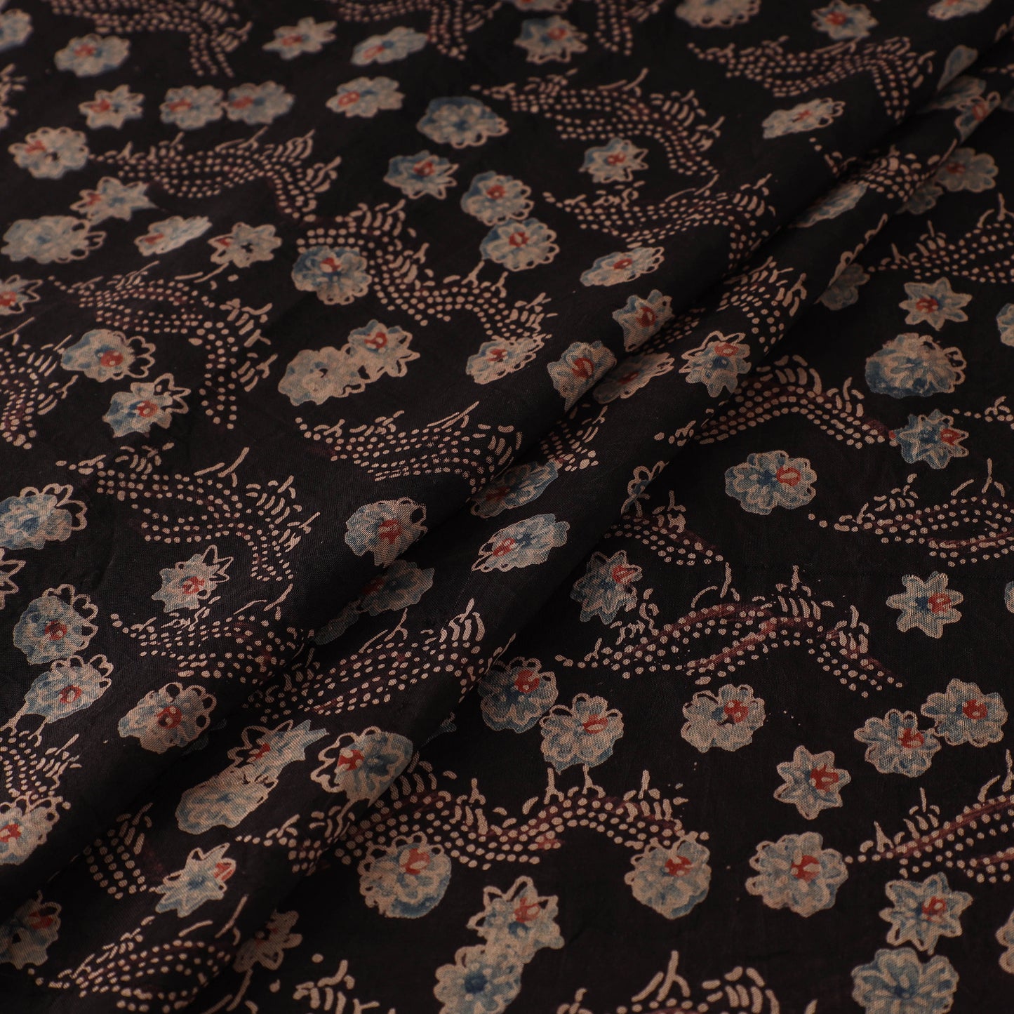 Ajrakh Hand Block Print Natural Dyed Handspun Handwoven Mulberry Silk Fabric 01