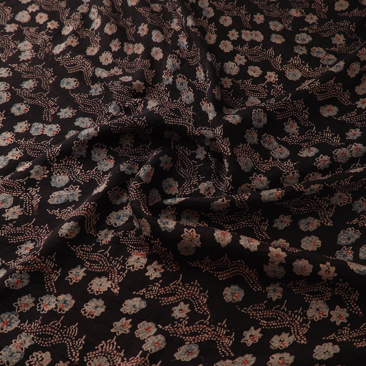 Ajrakh Hand Block Print Natural Dyed Handspun Handwoven Mulberry Silk Fabric 01