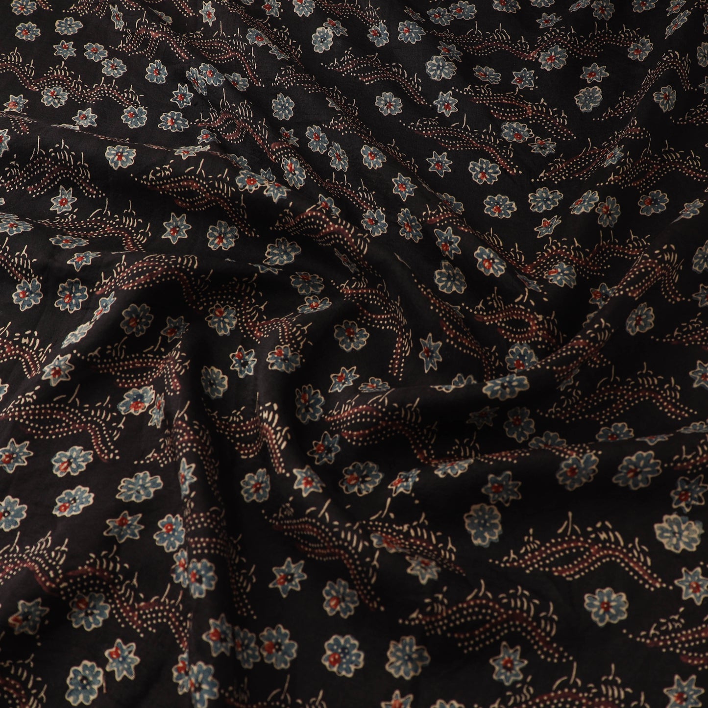 Ajrakh Hand Block Print Natural Dyed Handspun Handwoven Mulberry Silk Fabric 04