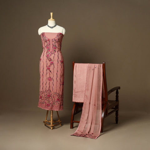 Peach - 3pc hand embroidery chiffon unstitched phulkari