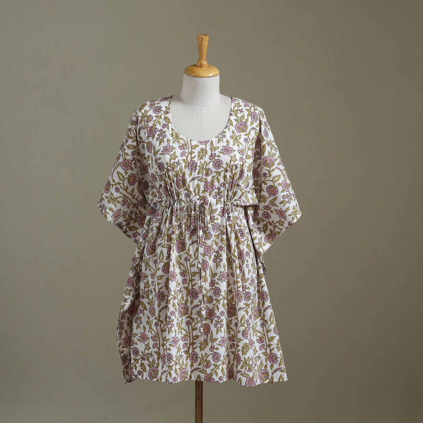 White Sanganeri Block Print Cotton Kaftan (Medium) 