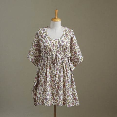 White Sanganeri Block Print Cotton Kaftan (Medium) 
