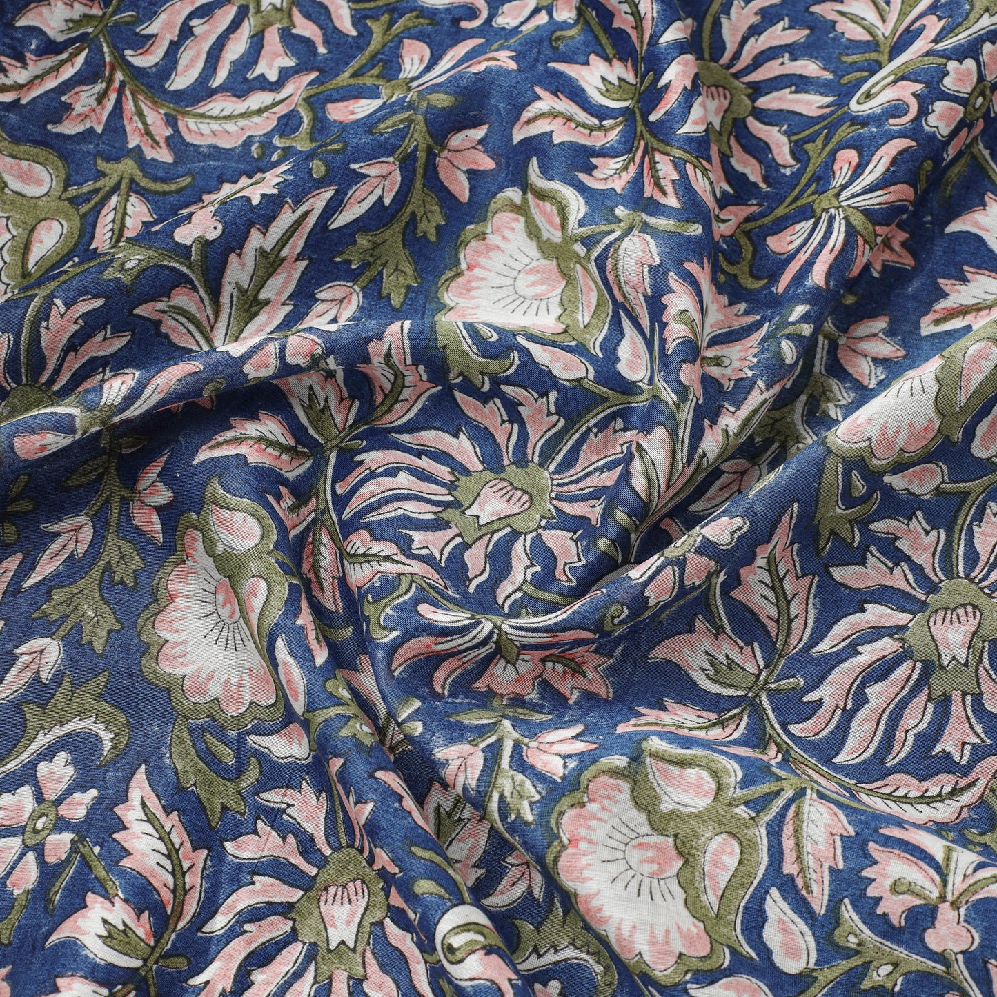 Blue - Sanganeri Block Print Chanderi Silk Fabric 09