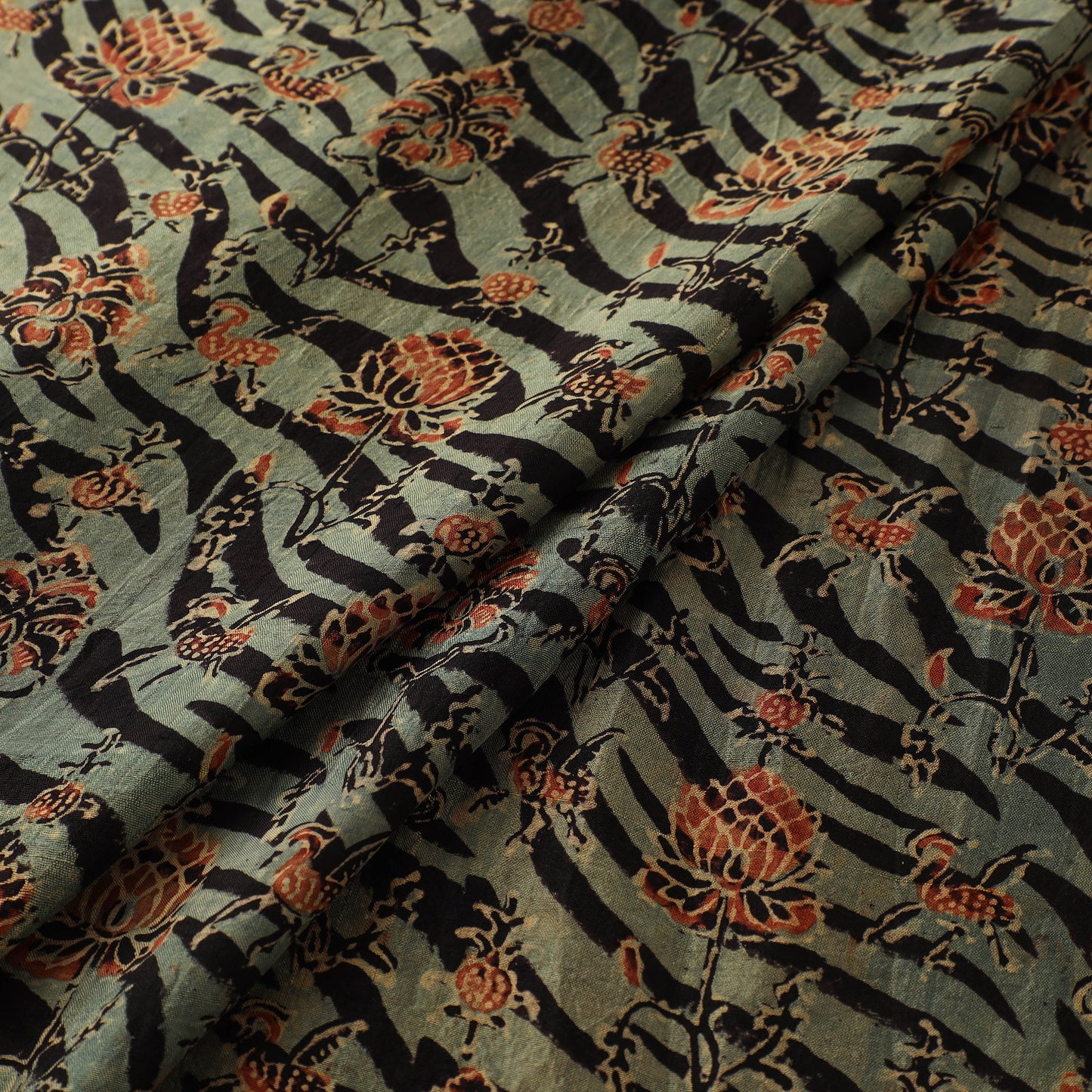 Ajrakh Hand Block Print Natural Dyed Handspun Handwoven Mulberry Silk Fabric  17