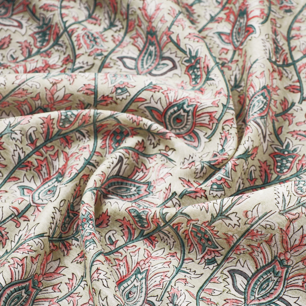 Green - Sanganeri Block Print Chanderi Silk Fabric 06