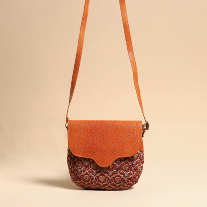 Orange - Handcrafted Kalamkari Printed Sling Bag with Embossed Leather Flap