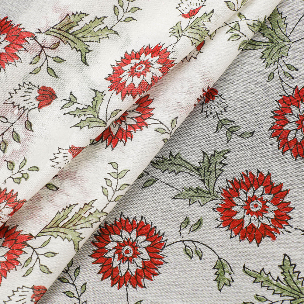 White - Sanganeri Block Print Chanderi Silk Fabric 04