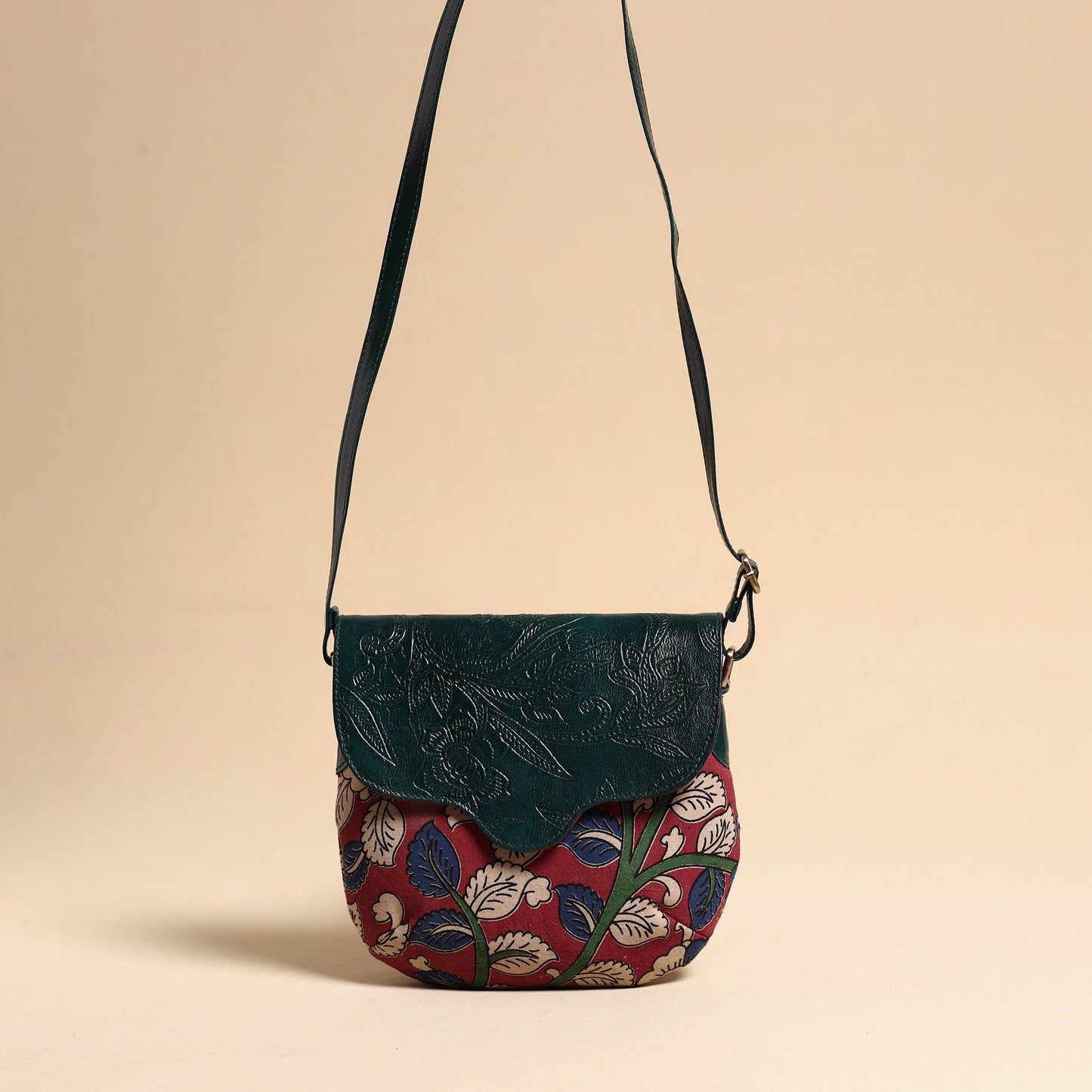 Green - Handcrafted Kalamkari Printed Sling Bag with Embossed Leather Flap