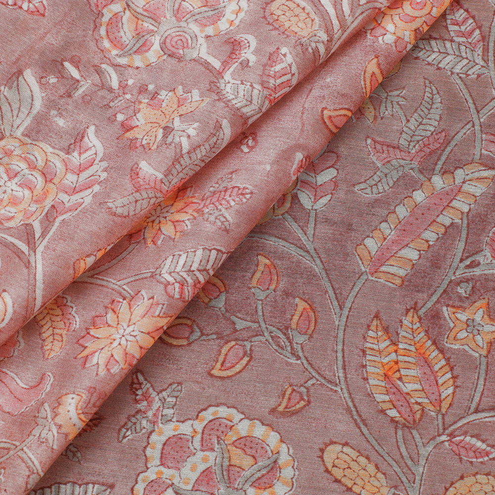 Peach - Sanganeri Block Print Chanderi Silk Fabric 02