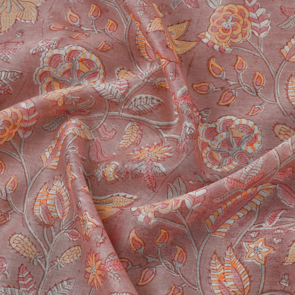 Peach - Sanganeri Block Print Chanderi Silk Fabric 02