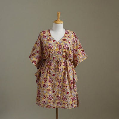 Yellow Sanganeri Block Print Cotton Kaftan (Medium) 