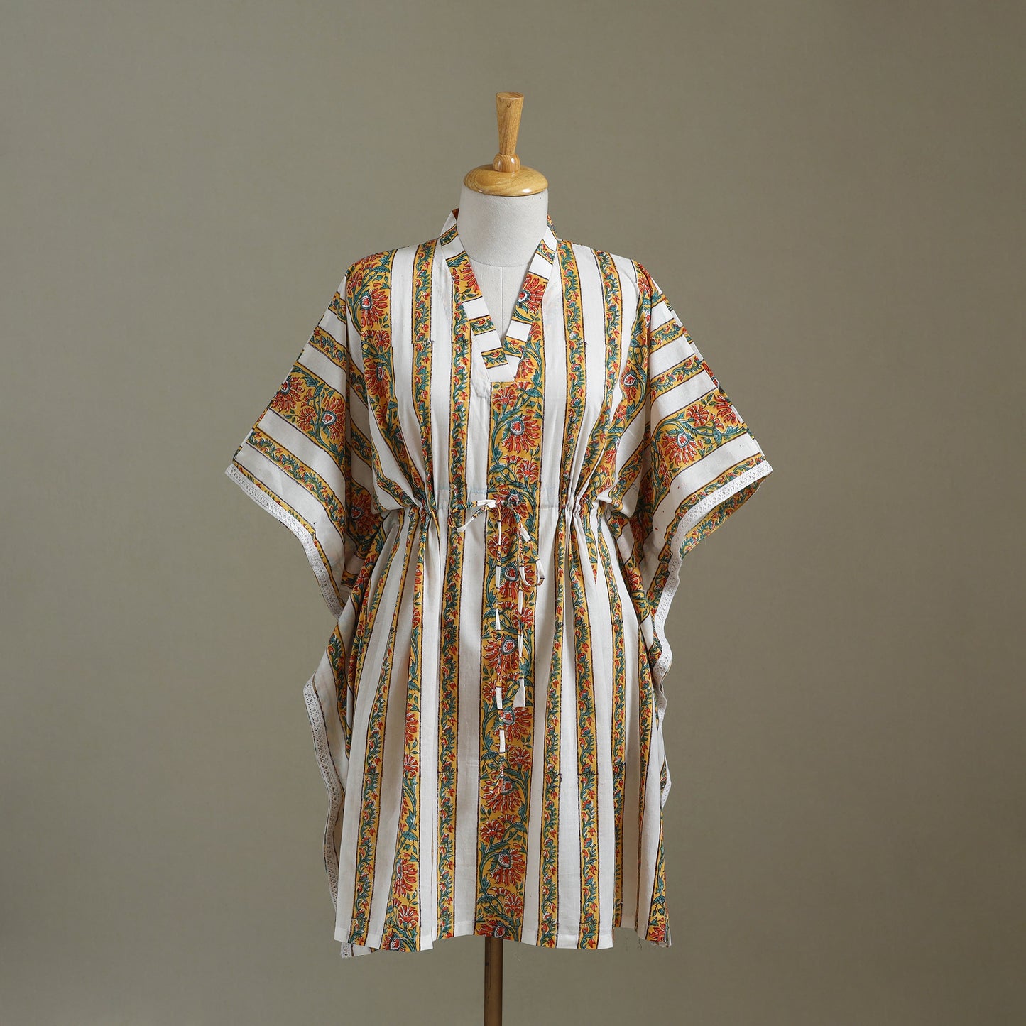 White Sanganeri Block Print Cotton Kaftan (Medium) 