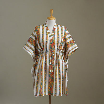 White Sanganeri Block Print Cotton Kaftan (Medium) 