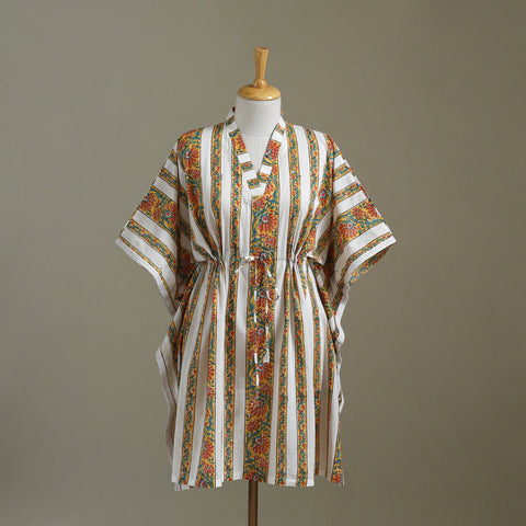 White Sanganeri Block Print Cotton Kaftan (Medium) 