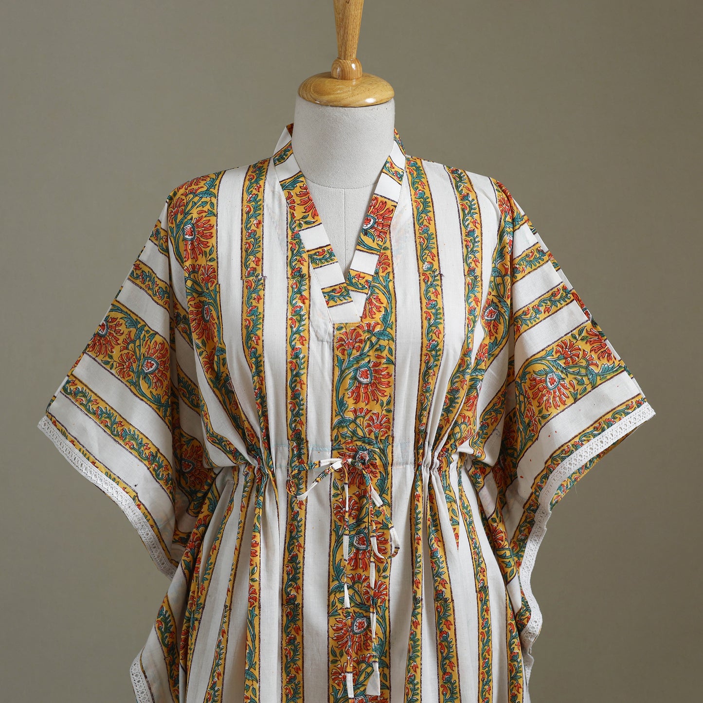 White Sanganeri Block Print Cotton Kaftan (Medium) 