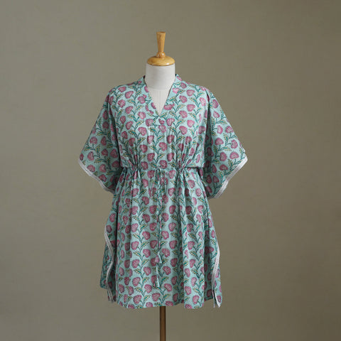 Blue Sanganeri Block Print Cotton Kaftan (Medium) 